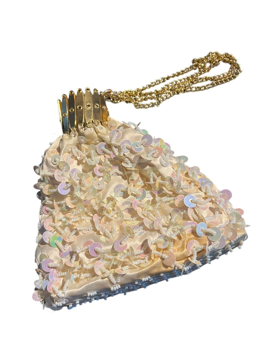 Sequined White Beggars Bag Vintage Expandable Gate Top Accordion Purse -FLAWED